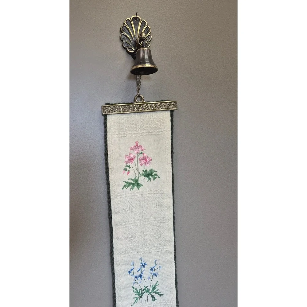 Vintage 5 Ft Floral Cross Stitch Bell Pull Brass Bell Tapestry Wall Hanging 60in